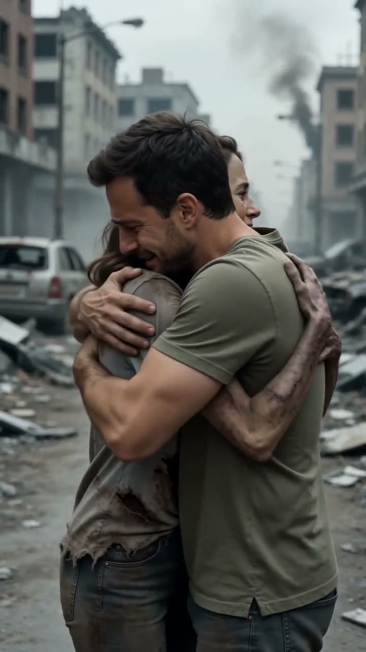 A man embracing his transformed girlfriend on a ruined street