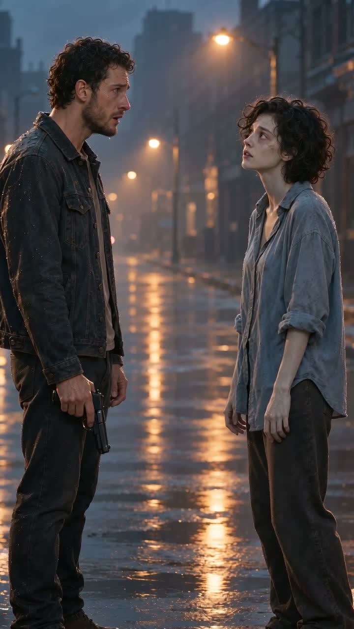 A couple reuniting on a rain-soaked city street