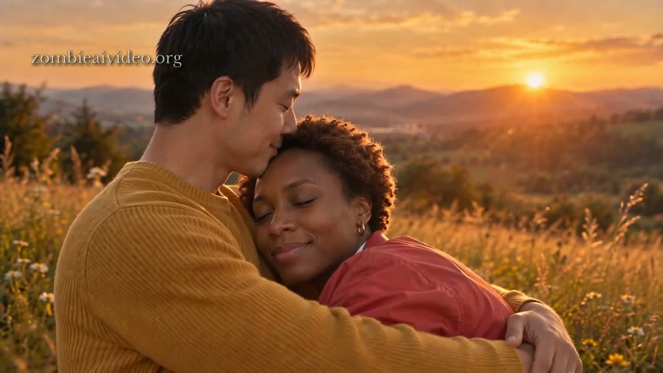 A couple embracing in a sunset wildflower meadow