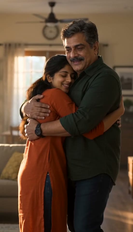 AI family reunion video warm ending with a father and adult daughter